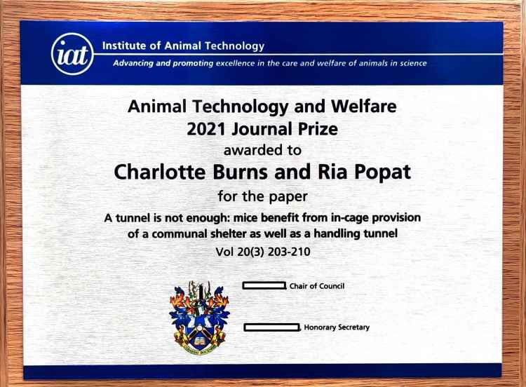 Dr. Charlotte Burn and RVC student Ria Popat - Winners of the Animal  Technology and Welfare 2021 Journal prize - Research at the RVC - Royal  Veterinary College, RVC