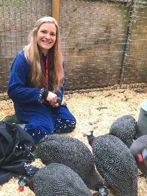 Natalie kneels down with some feed, Surrounded by Guinea fowl