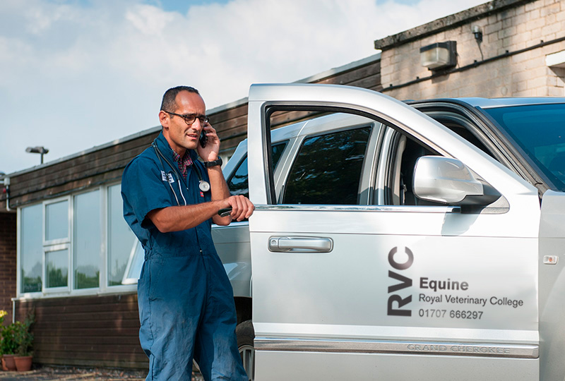 Equine practice vet taking a phone call standing beside RVC Equine car