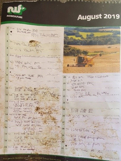 Scribbled notes on calendar covered in dirt