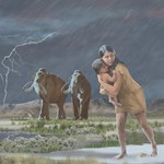 Artist's impression of prehistoric woman carrying baby