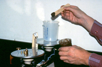 scales and container into which faeces are being placed