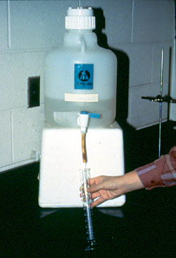 flotation fluid being added to container